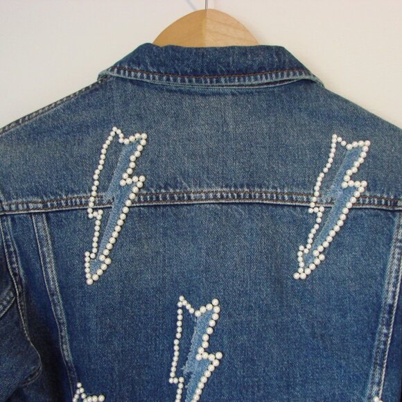 Sandro Denim Jean Jacket Pearl Embellished Lightning Bolt Size 42 FR or 10 - Picture 12 of 16